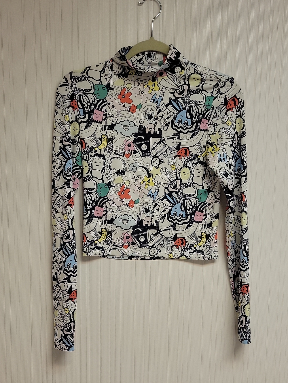 Topshop Multicolor Cartoon-Print Mock Neck Crop Long Sleeve Top Sz 6 School